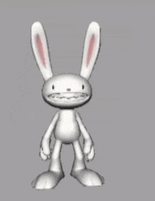 a cartoon rabbit with pink ears is standing on a gray background