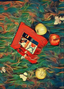 a painting of apples and a book that says ' i 'm sorry ' on it