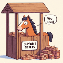 a cartoon of a horse selling support tickets with a sign that says support tickets