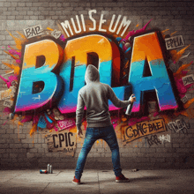 a man is spray painting the word museum on a brick wall