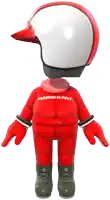 a mario kart character wearing a red suit and a white helmet