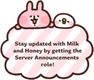 a pink bunny is sitting on top of a cloud with the words stay updated with milk and honey by getting the server announcements role