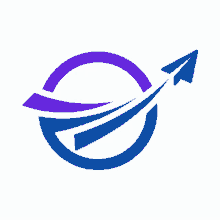 a blue and purple logo with an arrow pointing upward