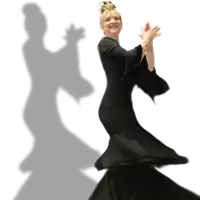 a woman in a black dress is dancing with a shadow behind her