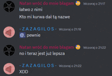 a screenshot of a text conversation between natan and zazaglos