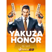 a man in a suit and tie is holding two guns and says yakuza honor on the bottom