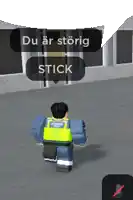 a man in a blue uniform is walking in a room with a speech bubble that says du ar storig stick