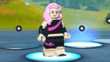 a lego figure with pink hair is standing on a blue platform