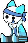 a cartoon cat wearing a blue headband and a blue jacket is sticking out its tongue .