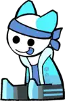 a cartoon cat wearing a blue headband and a blue jacket is sticking out its tongue .