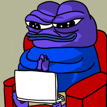 a purple frog is sitting in a chair holding a laptop