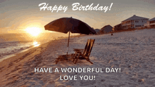 a happy birthday card with a beach scene