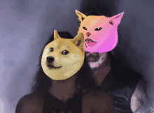 a doge with a pink cat mask on his face