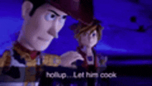 woody from toy story is talking to a boy from kingdom hearts in a video game .