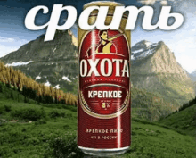 a can of oxota beer is sitting in front of a mountain landscape .