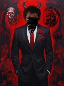 a painting of a man in a suit and tie with a bandana on his face that says ' devil ' on it