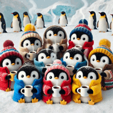 a group of stuffed penguins wearing sweaters and hats holding cups of coffee