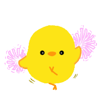 a yellow chick with purple pom poms on its arms