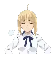 a blonde anime girl with a blue bow tie is making a funny face