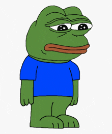 a cartoon frog wearing a blue shirt with a sad look on his face