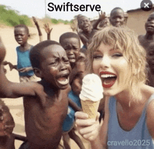 a woman is holding an ice cream cone in front of a group of children who are crying .