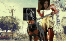 a painting of a woman holding a dog on a leash with a picture of a woman behind her