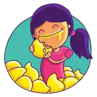 a cartoon of a girl eating a lemon with her mouth full