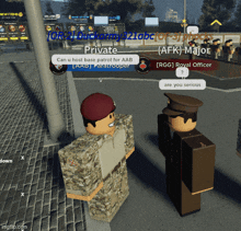 a screenshot of a video game where a soldier is talking to a royal officer