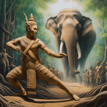 a painting of a man fighting an elephant