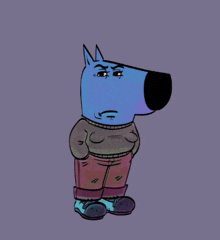 a blue dog wearing a sweater and pants