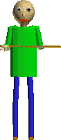 a pixel art drawing of a man in a green shirt and blue pants holding a stick .