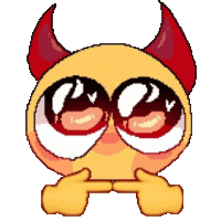 a yellow smiley face with red horns and big eyes is pointing at itself .