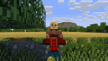 a man in a plaid shirt is standing in a field in a minecraft game