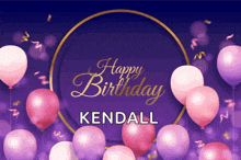 a purple background with pink and purple balloons and the name kendall