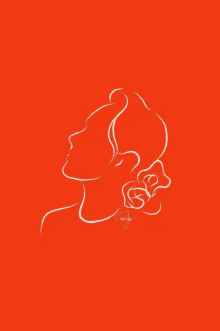 a line drawing of a woman 's face with a flower in her hair on a red background