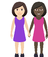 a cartoon of two women holding hands with one wearing a pink dress