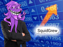 a man with a purple octopus on his head stands in front of a stock board