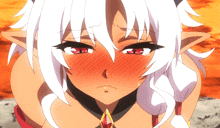 a woman with white hair and red eyes is making a funny face