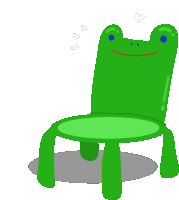 a green chair with a frog face and blue eyes on it