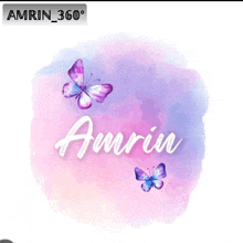 the name amrin is displayed on a purple background with butterflies