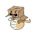 a cartoon cat with a cardboard box on its head is angry .