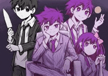 a group of anime characters in suits and ties are standing next to each other holding knives .