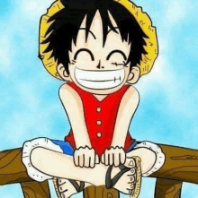 monkey d luffy from one piece is sitting on a wooden fence with his legs crossed .