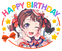 a happy birthday sticker with a girl and a cake on her head