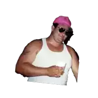 a man wearing a pink hat and sunglasses holds a cup in his hand