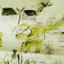 a child 's drawing of a house and a dinosaur on lined paper