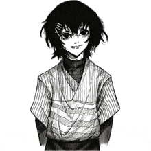 a black and white drawing of a young boy with short hair wearing a striped shirt .