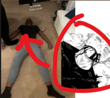 a picture of travis scott laying on the floor next to a drawing of him