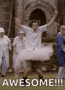 a man in a tutu is dancing in front of a group of people in front of a church .