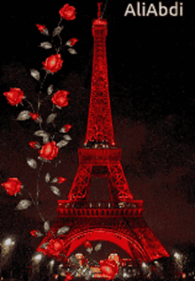 a painting of the eiffel tower with red roses and the name aliabdi on the bottom